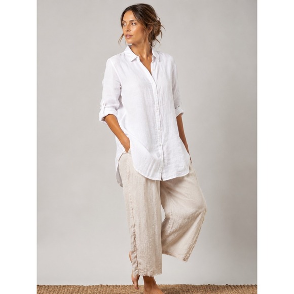 Tahari Tops - Tahari Womens Lagenlook Size L 100% White Linen Shirt Tunic Top Roll Tab Sleeve